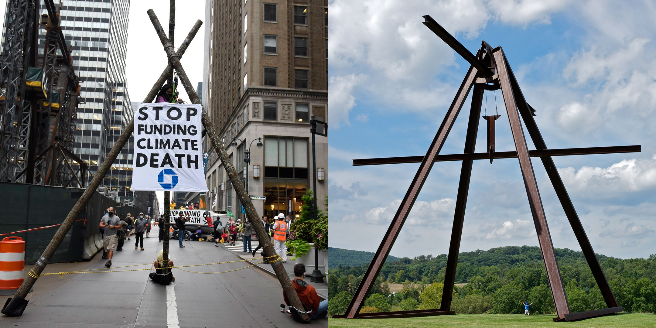 Left: Extinction Rebellion (XR)  wood pyramid frame structure blocade  with protesters chained to each leg of the structure as a protest on Wall Street Sept 17, 2011. Right: Giant metal sculpture "Pyramidion"by artist Mark Di Suvero, installed in a in a green field. The pyramid shape of which is mimmicked by the XR blocade structure on the left.